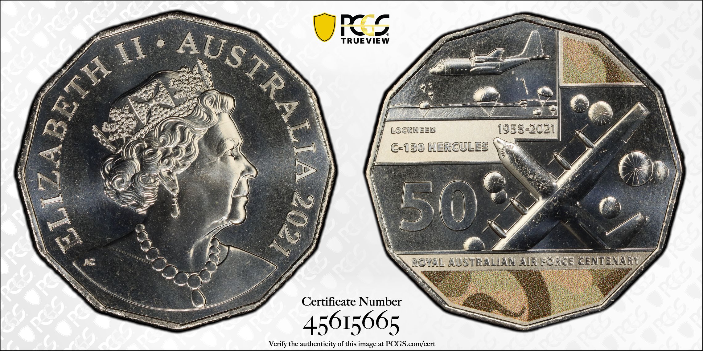 Centenary of the RAAF C-130 Hercules, Fifty Cent, 2021, PCGS MS68