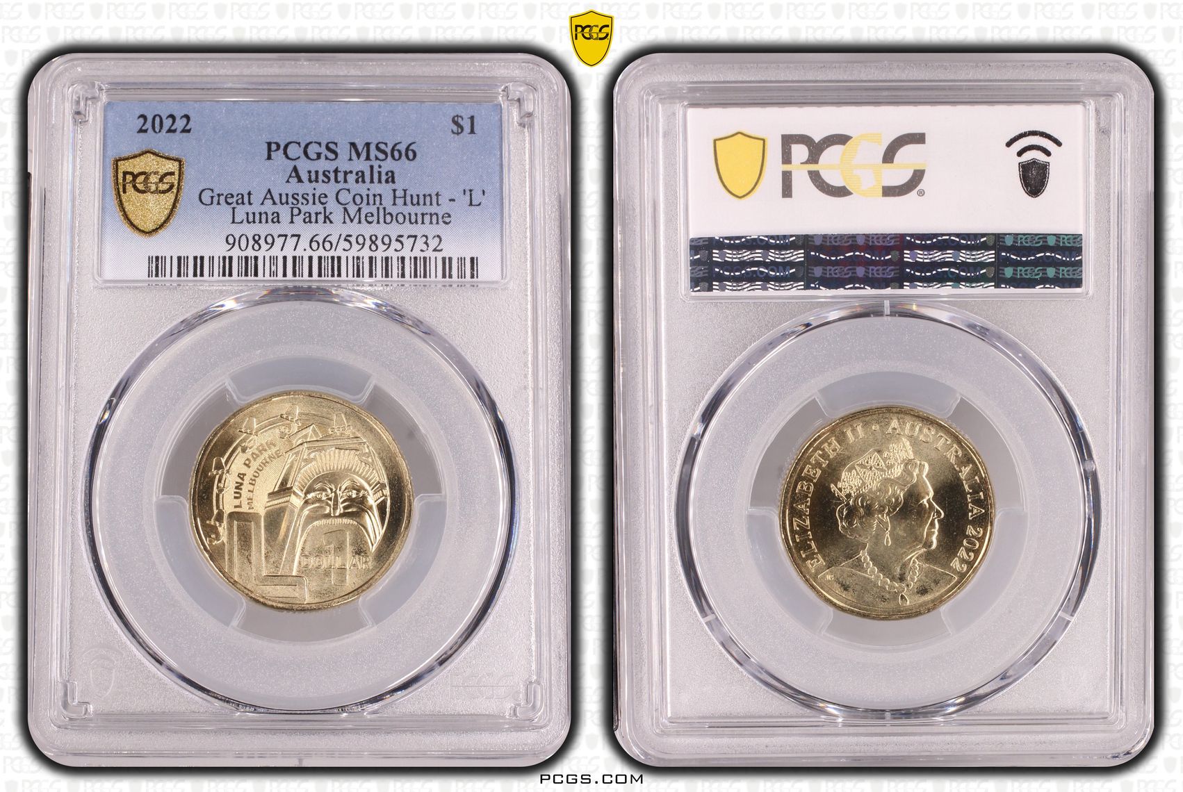 Great Aussie Coin Hunt - 'L' Luna Park Melbourne, One Dollar, 2022, PCGS MS66