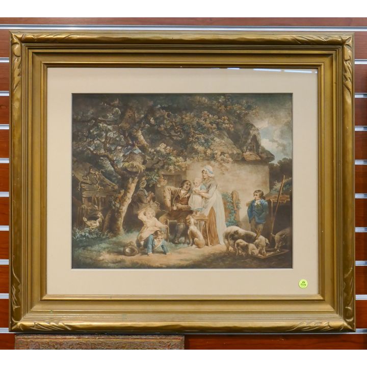 Antique Family Genre Scene Etching in Ornate Frame- 26x30''