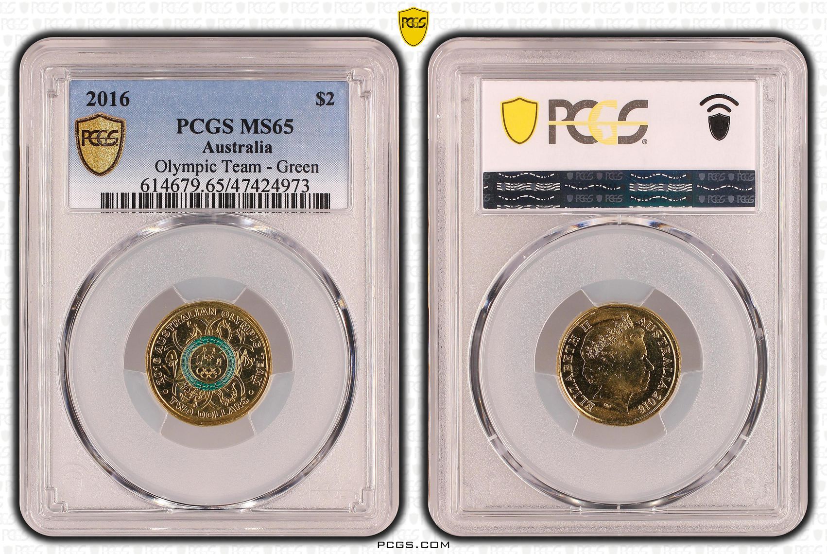 419 · Elizabeth II, Olympic Team - Green , Two Dollar, 2016, PCGS MS65