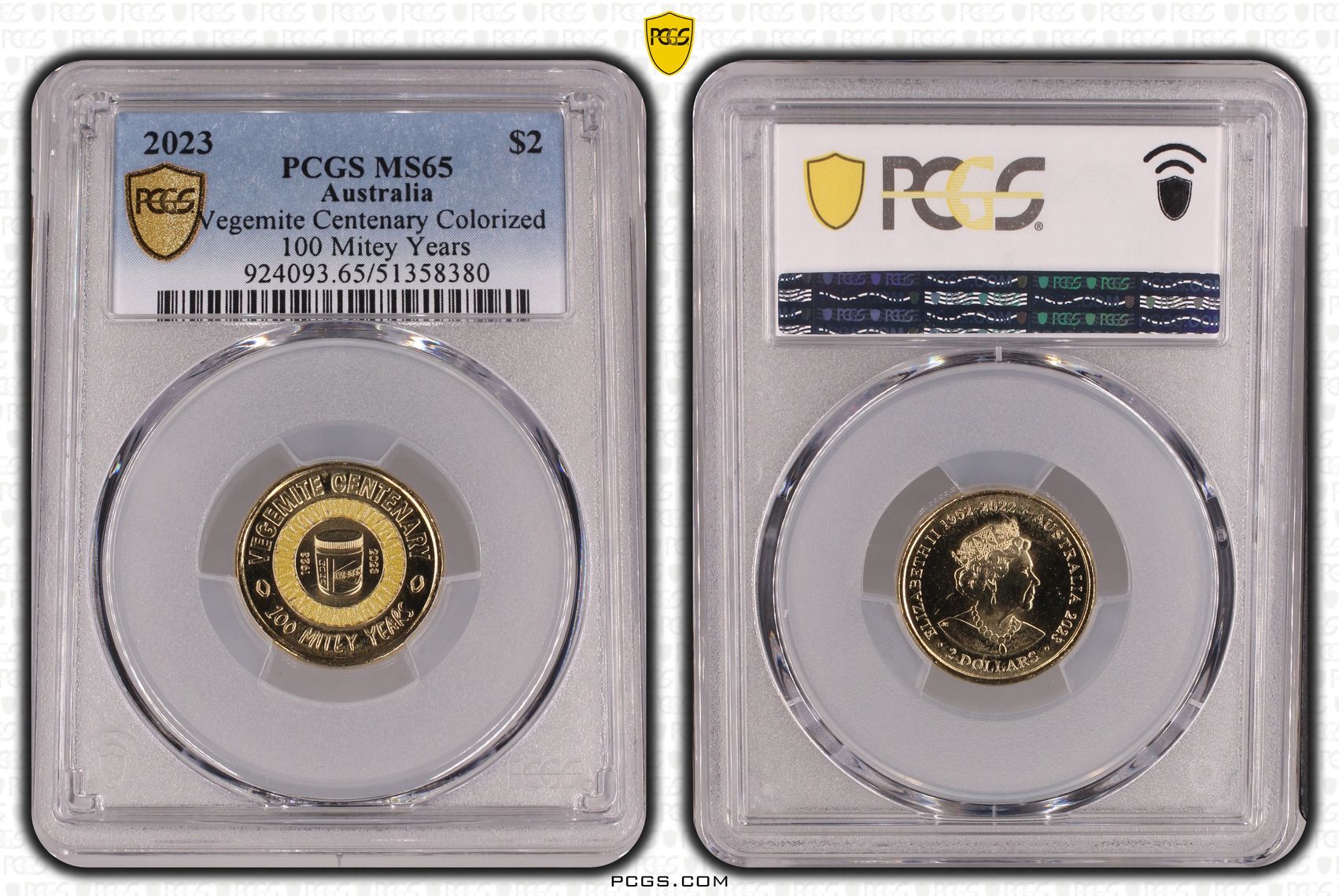 Vegemite Centenary Colorized 100 Mitey Years, Two Dollar, 2023, PCGS MS65