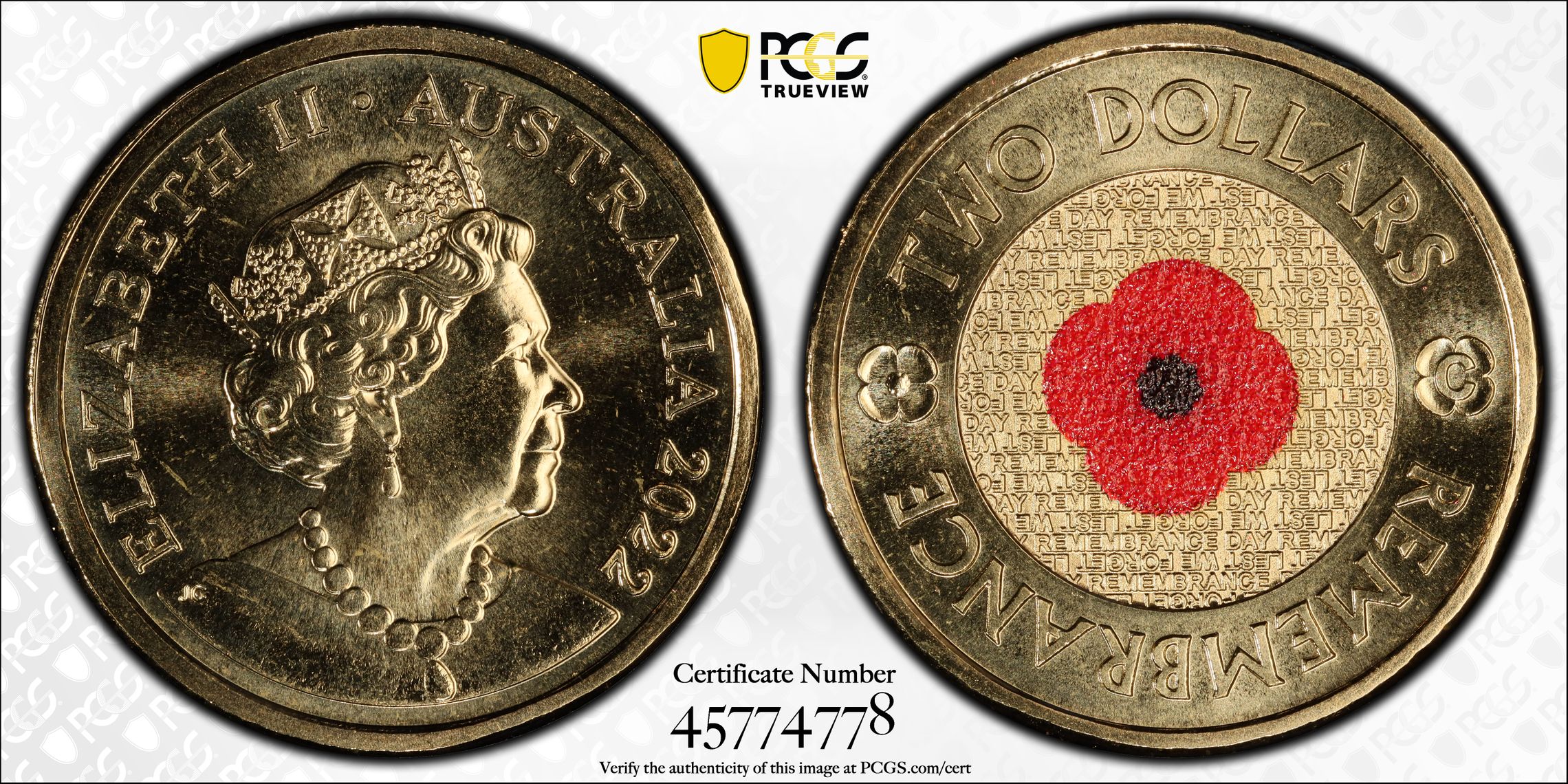 Elizabeth II, Remembrance Day Colorized , Two Dollar, 2022-C, PCGS MS68