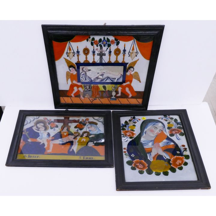 3pc Old Spanish Reverse Painted Religious Panels- 18x14'' each