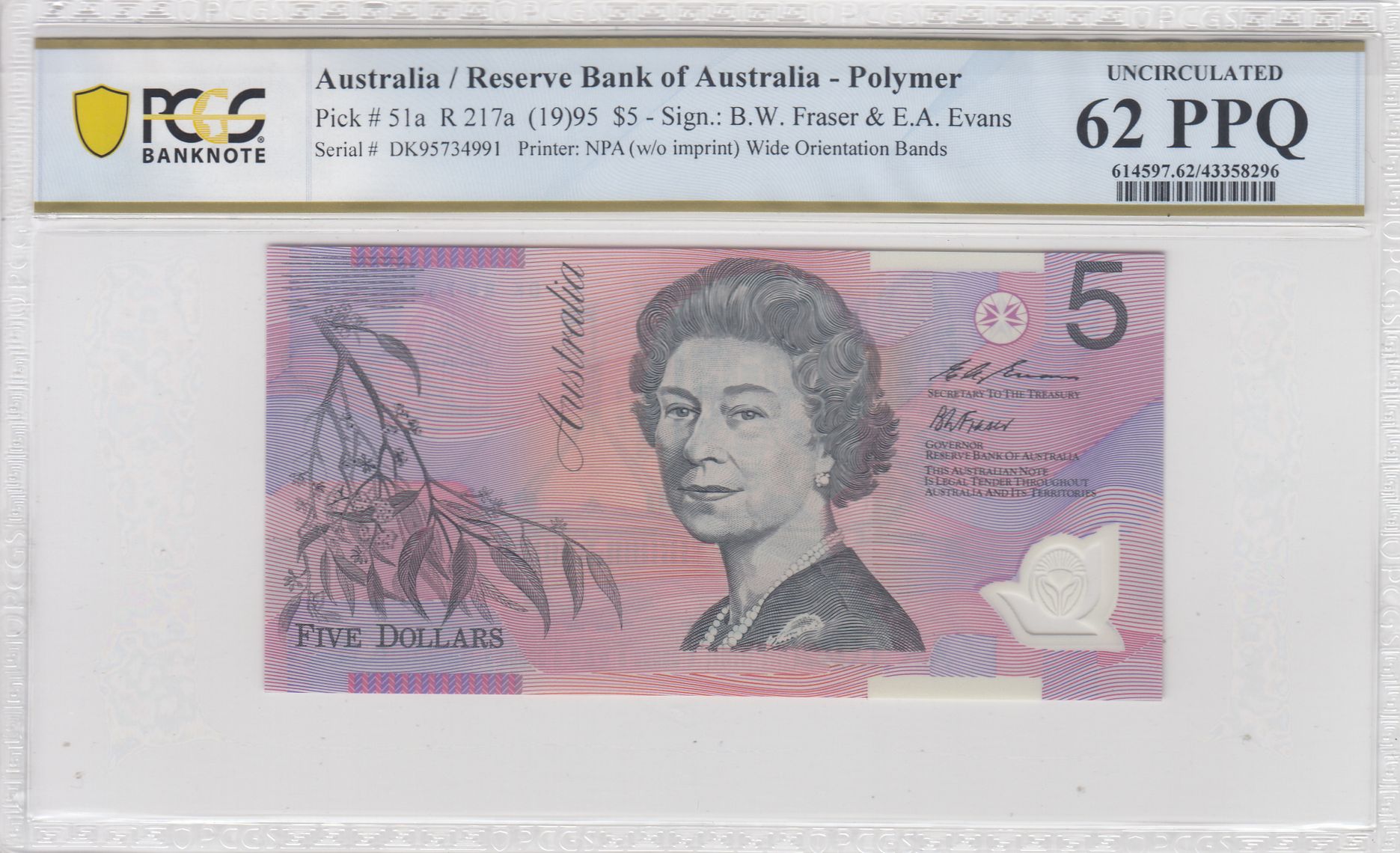 Fraser/Evans, Wide Bands; Last Prefix, Five Dollar, 1995, PCGS Uncirculated 62 PPQ