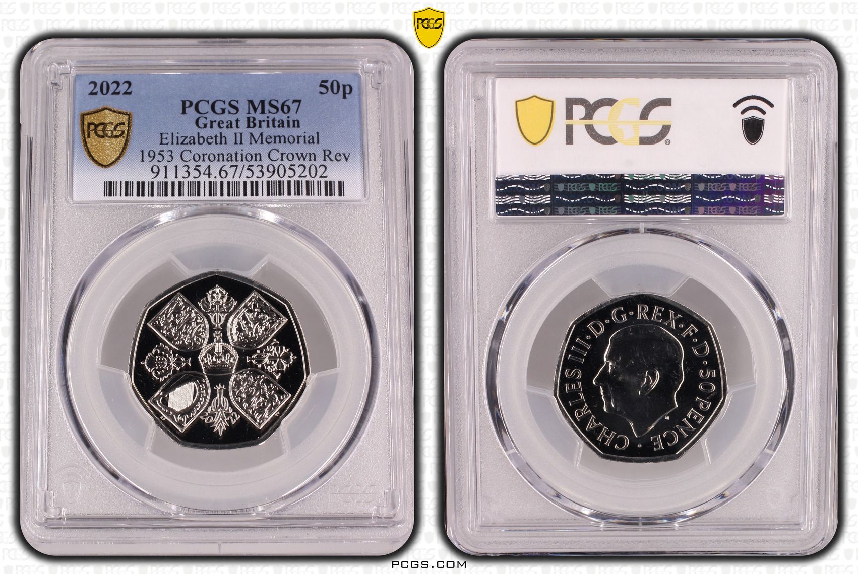 Great Britain, Elizabeth II Memorial 1953 Coronation Crown Rev, Fifty Pence, 2022, PCGS MS67