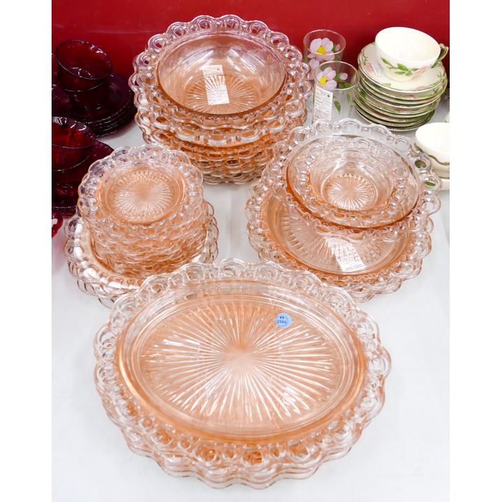 36pc Vintage Pink Open Lace Glass Dinnerware