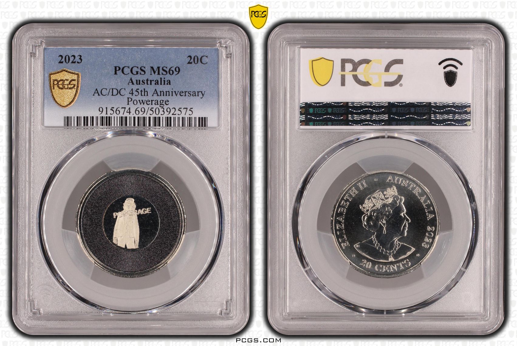 AC/DC 45th Anniversary - Powerage POP 9/0, Twenty Cent, 2023, PCGS MS69