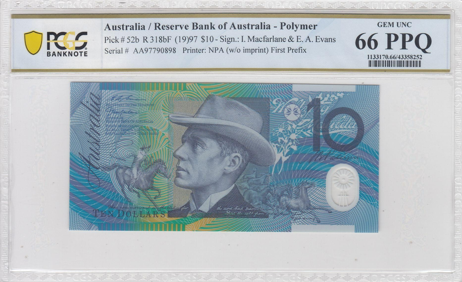 180 · RBA, Polymer, NPA (w/o imprint), Sign.: I. Macfarlane & E. A. Evans, First Prefix, Ten Dollar, 1997, PCGS - Gem UNC 66 PPQ