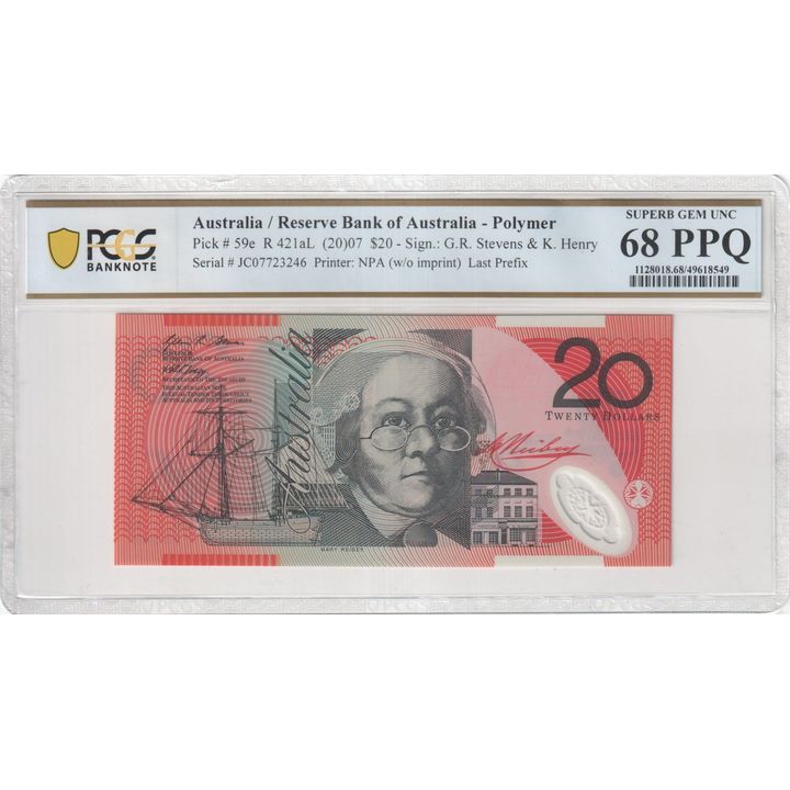 Stevens/Henry, Last Prefix, Twenty Dollar, 2007, PCGS Superb Gem UNC 68 PPQ