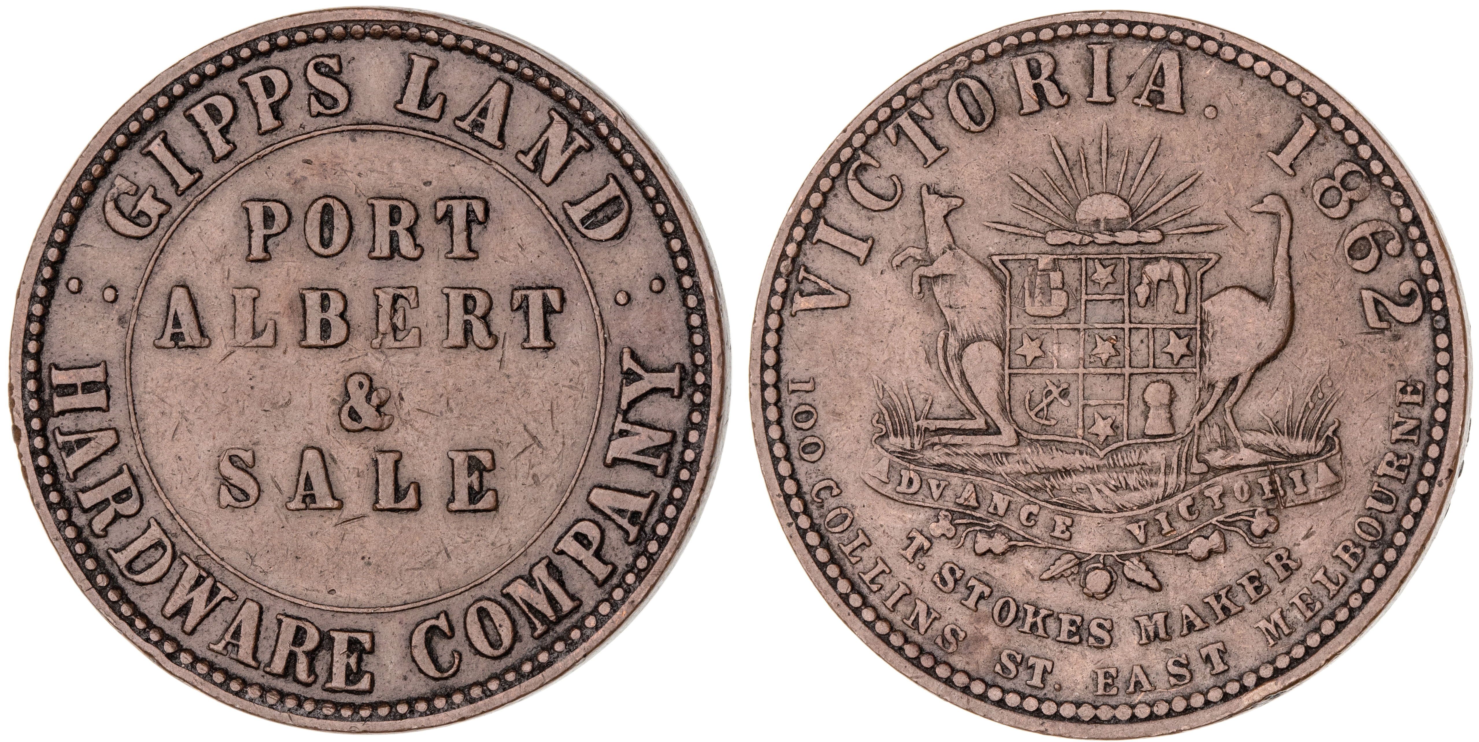 Port Albert & Sale, Victoria, Gipps Land Hardware Co, Penny, 1862, gVF