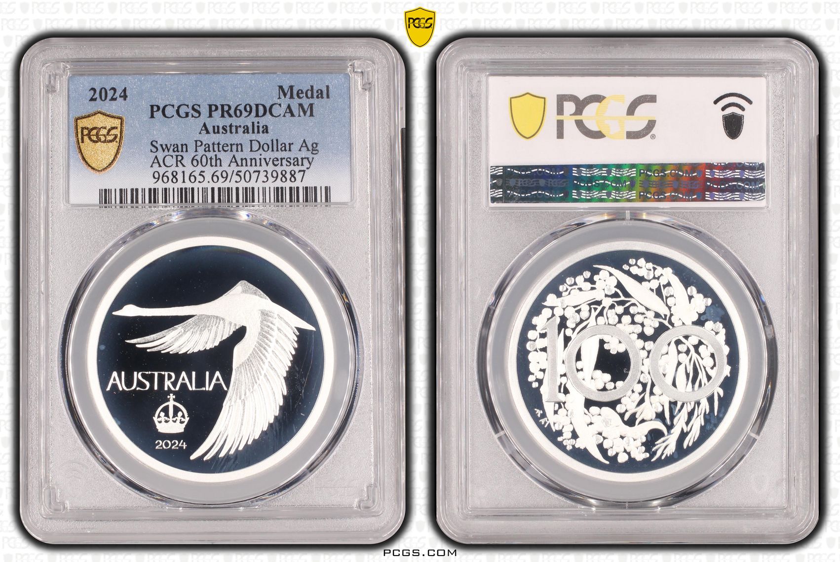 Swan "Pattern Dollar" Ag ACR 60th Anniversary, Medal, 2024, PCGS PR69DCAM