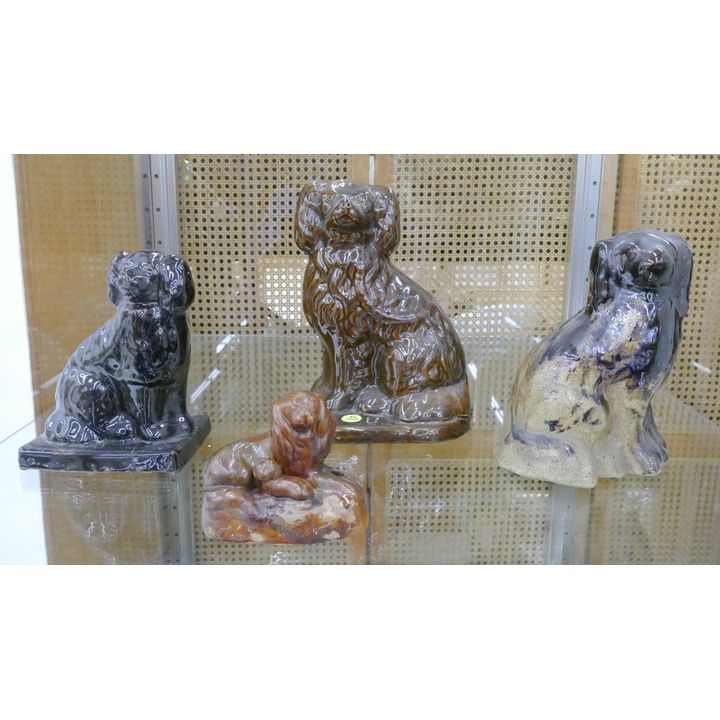 4pc Antique Brownware Pottery Dogs- 4'' to 10''- some damage