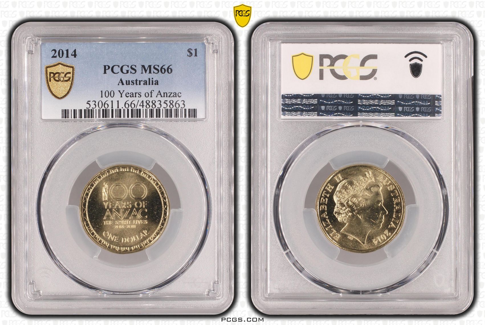 400 · Elizabeth II, 100 Years of Anzac , One Dollar, 2014, PCGS MS66