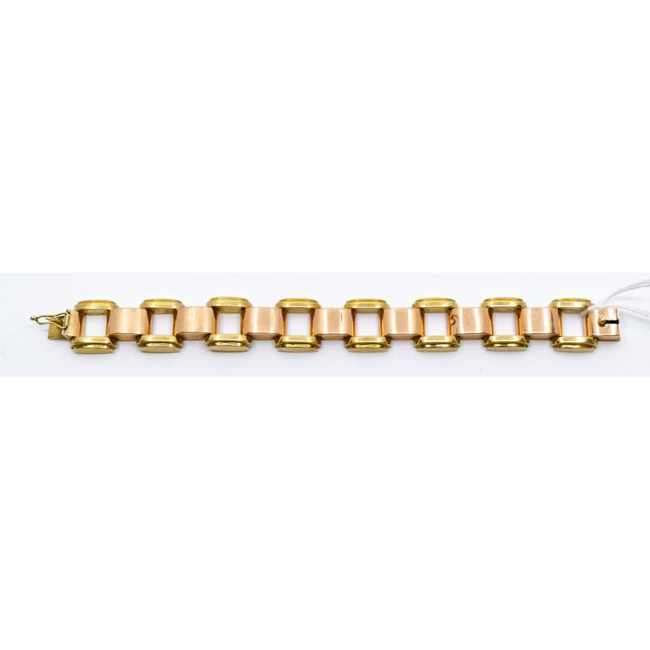 Austrian Art Deco 18k Two Tone Hollow Link 18mm Bracelet 7''