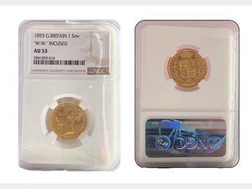 1855 W.W INCUSE VICTORIA SHIELD SOVEREIGN AU53
