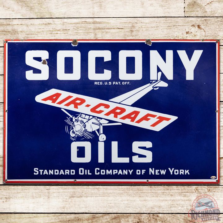 Socony Aircraft Oils SS Porcelain Sign w/ Monocoupe Airplane