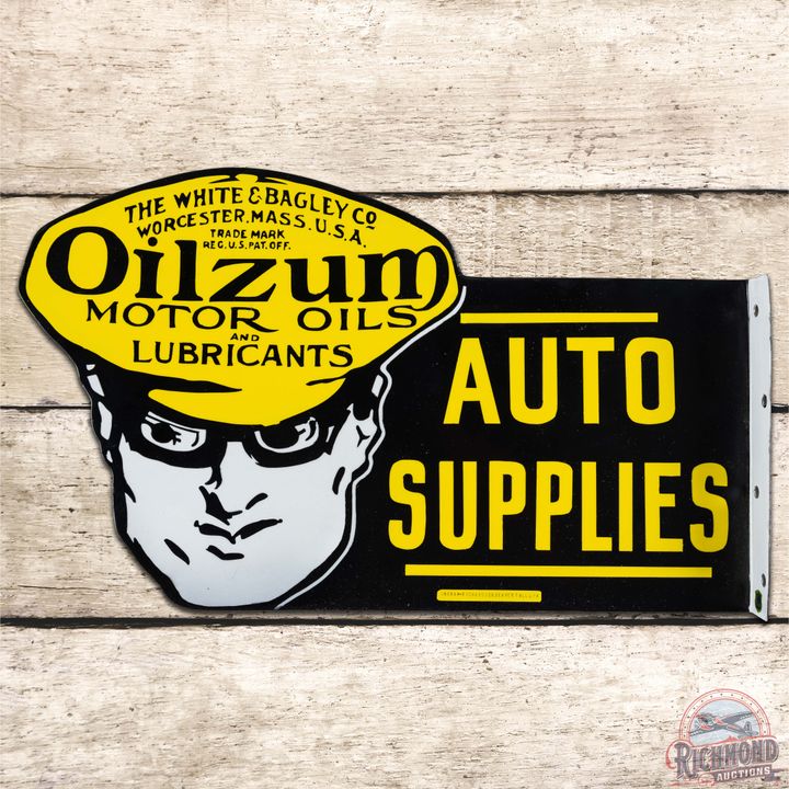Rare Oilzum Motor Oils and Lubricants Auto Supplies DS Porcelain Flange Sign w/ Oswald