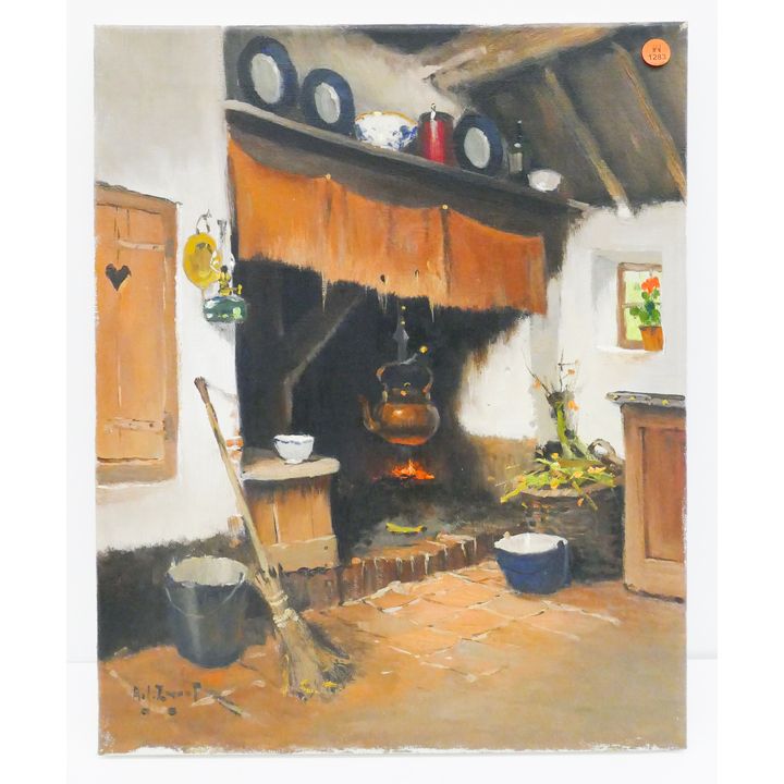 Adrianus Zwart Kitchen Hearth Scene Oil Painting- 19.5x16''