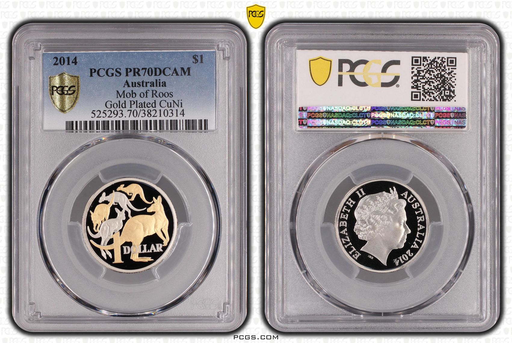 392 · 2014 Australia One Dollar, $1 Mob of Roos Gold Plated CuNi PCGS - PR70DCAM POP 19/0 -314