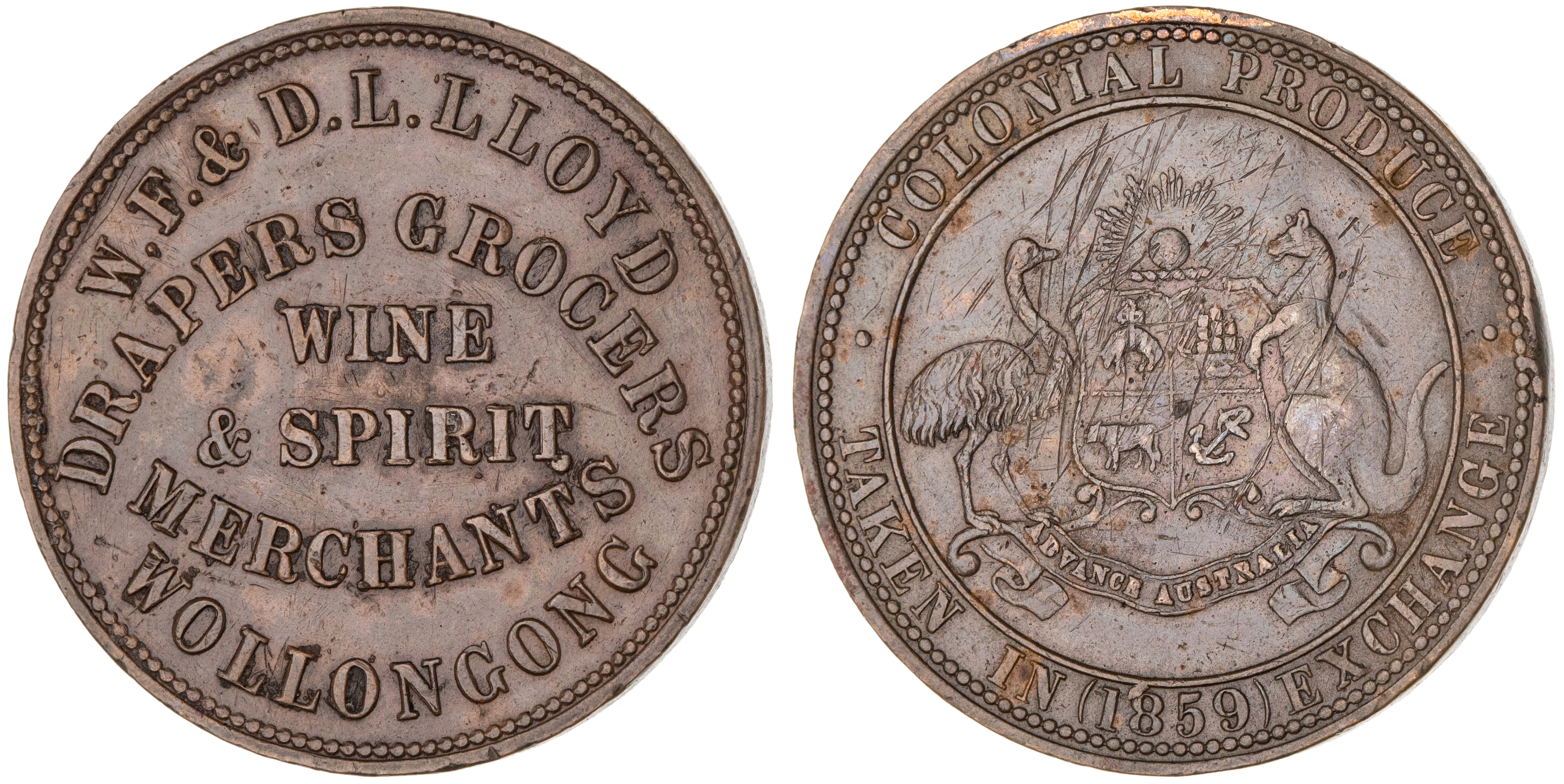 Wollongong, New South Wales, W. F. & D. L. Lloyd, Penny, 1859, VF