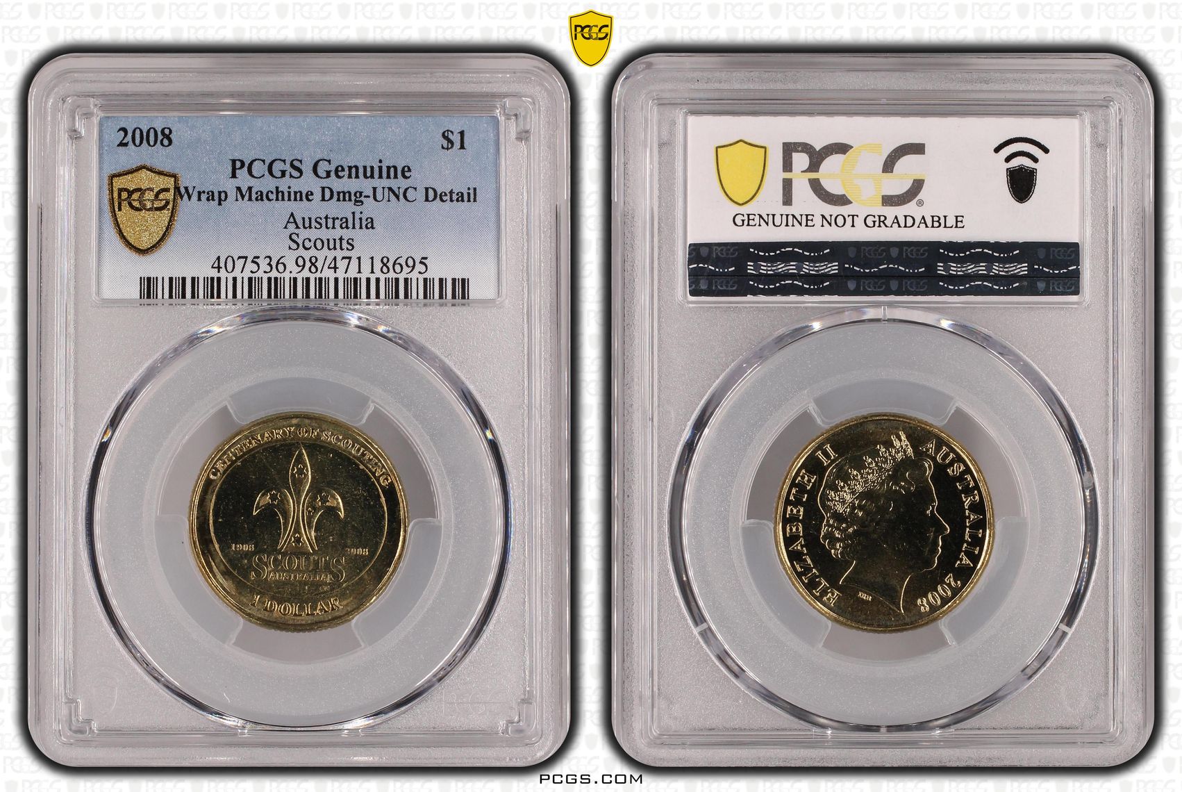Elizabeth II, Scouts, One Dollar, 2008, PCGS Genuine - UNC Details (98 - Damage)