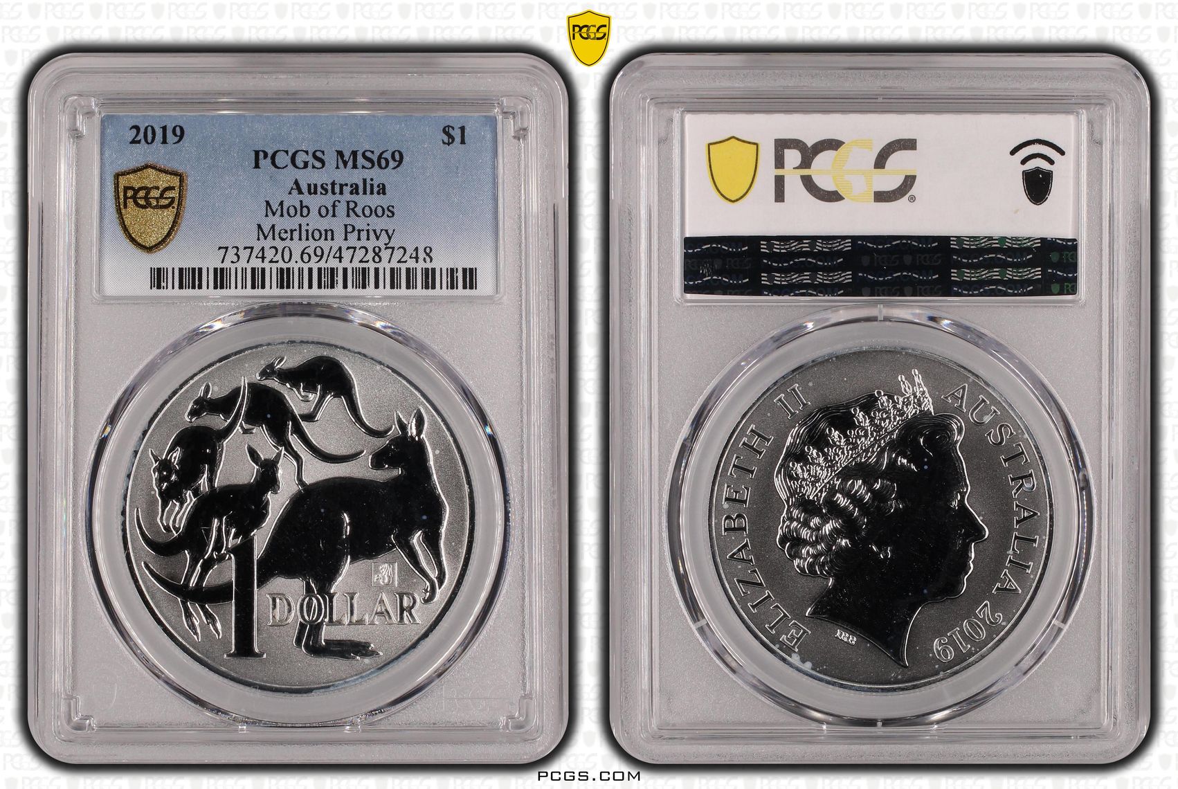 Mob of Roos Merlion Privy Mark, 1oz Silver, One Dollar, 2019, PCGS MS69
