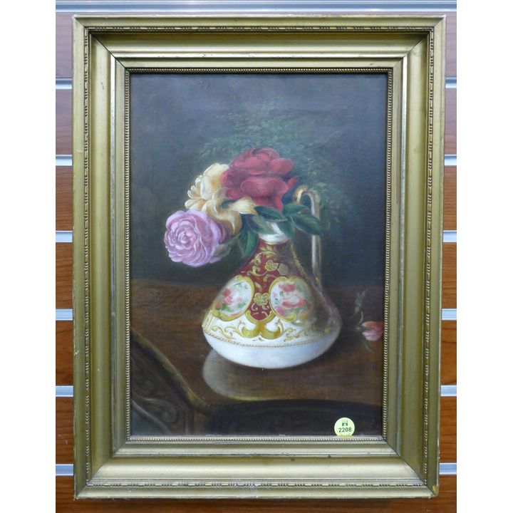 Antique Ewer with Flowers Still Life on Canvas Framed- 17x13''