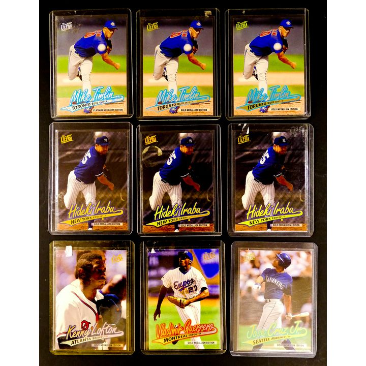 9pc '97 Fleer Ultra Baseball Cards. Includes Mike Timlin, Hideki Irabu, Jose Cruz Jr, Vladimir Guerrero Kenny Lofton