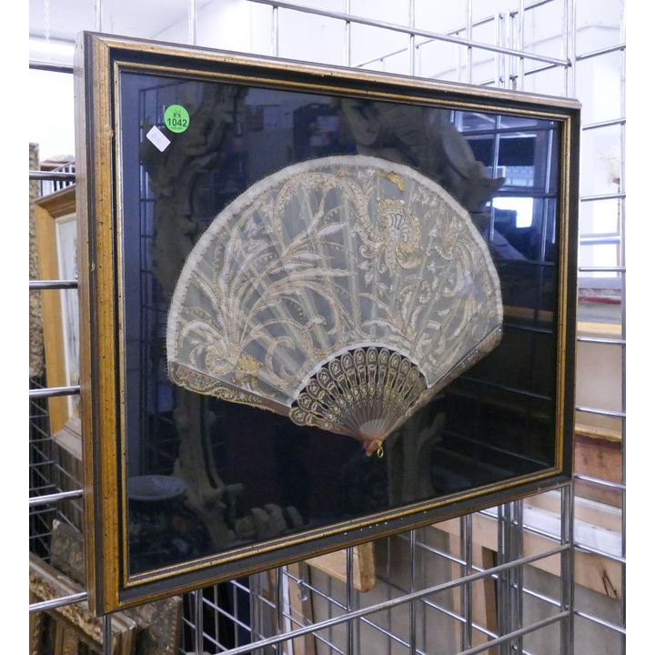French Gilt Embroidered Hand Fan in Shadow Box- 15x19''