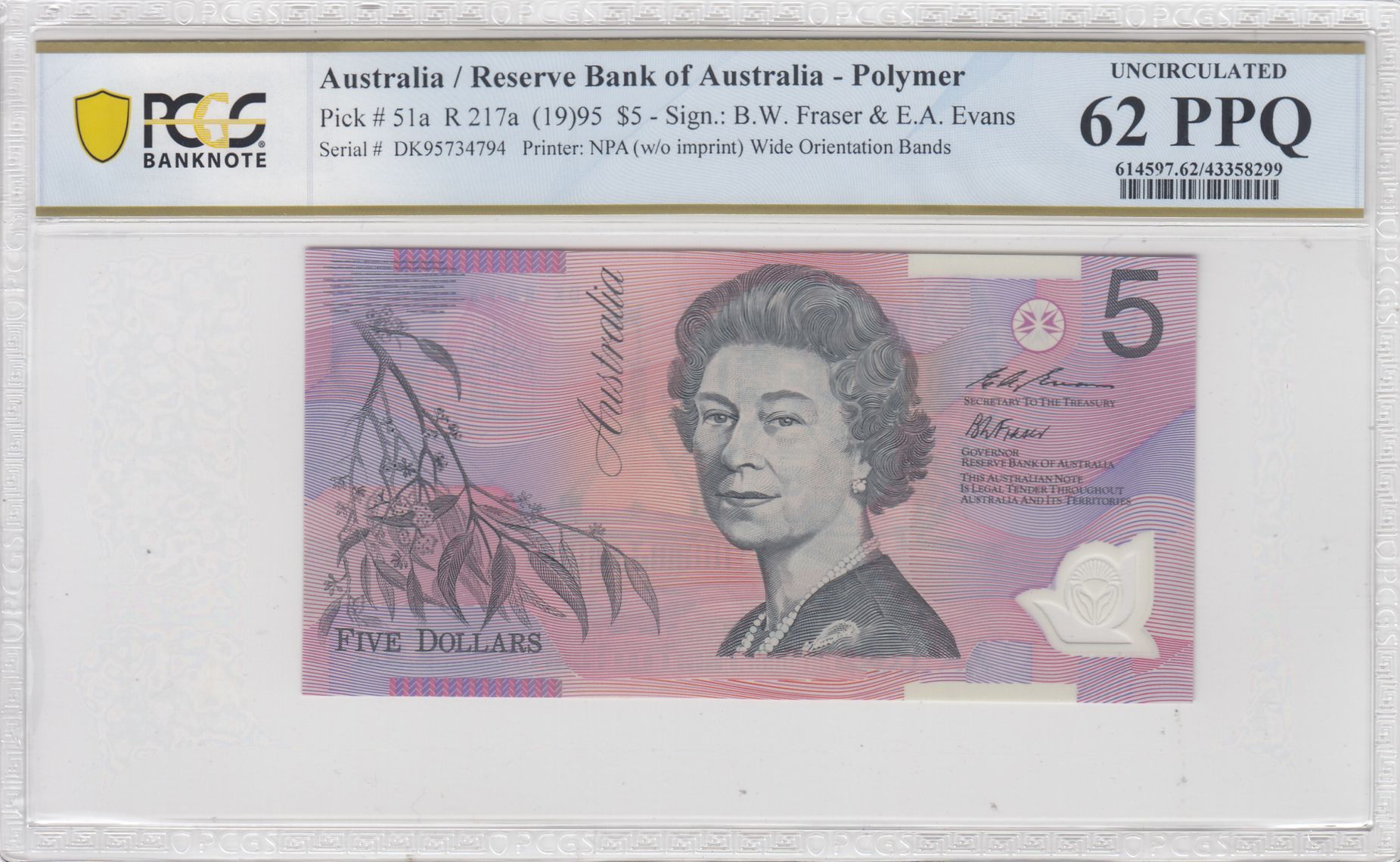 1995 $5 Fraser/Evans Unc 62 PPQ