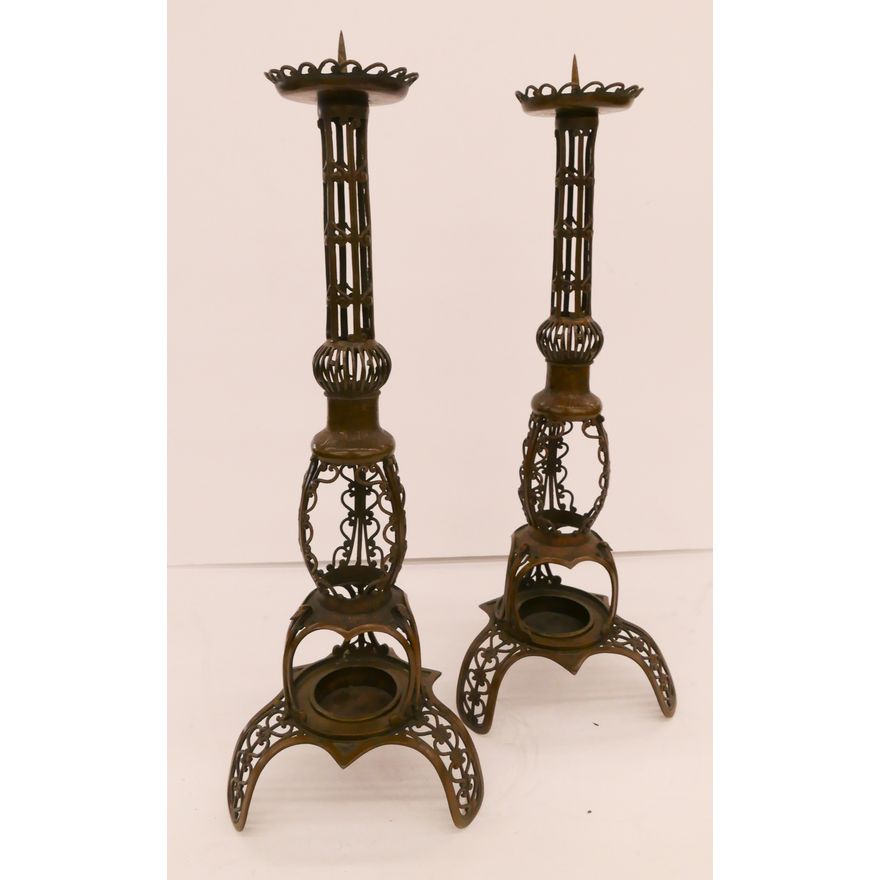 Pair Meiji Wire Decorated Pricket Candle Stands- 20''