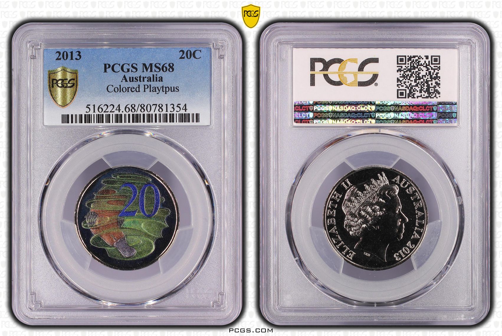 Colorized Platypus , Twenty Cent, 2013, PCGS MS68