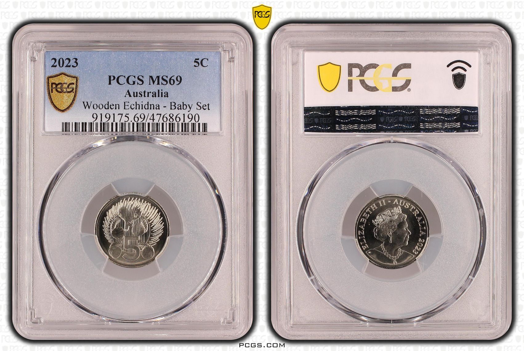Wooden Echidna - Baby Set , Five Cent, 2023, PCGS MS69
