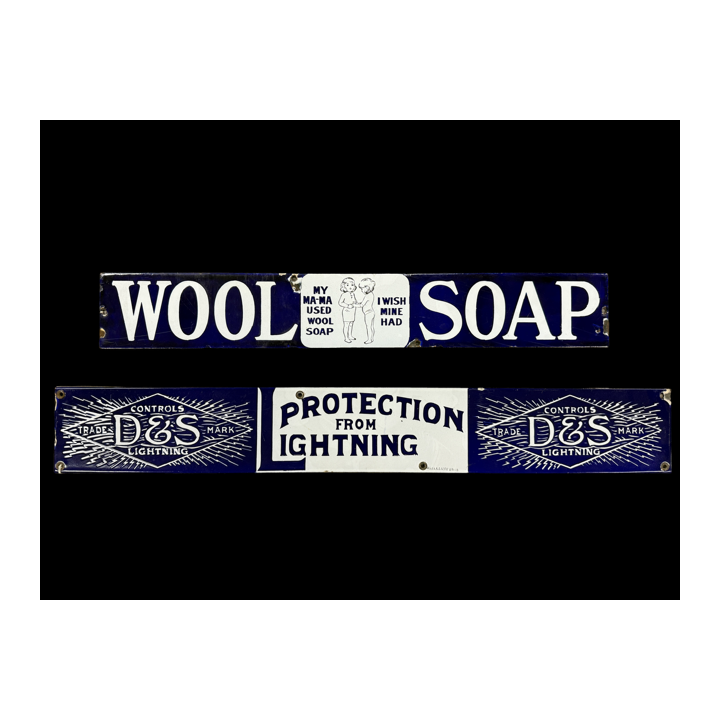 Wool Soap + D&S Protection from Lightning Porcelain Signs (Age Unknown)