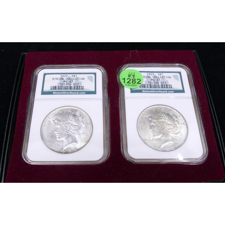 2pc Binion Collection 1922 & 1923 MS63 Peace Dollars