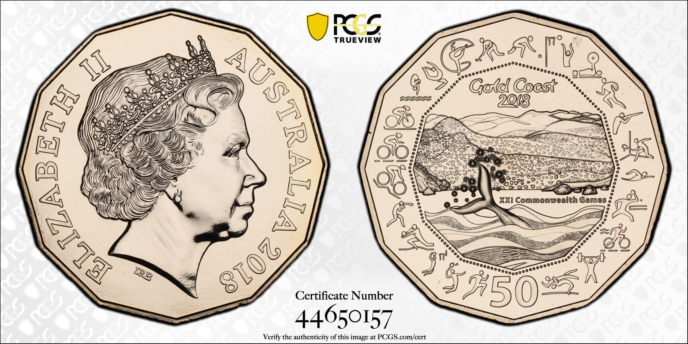 2018 Australia Fifty Cent, 50c Gold Coast XXI Commonwealth Games PCGS - MS69 POP 13/0 -157