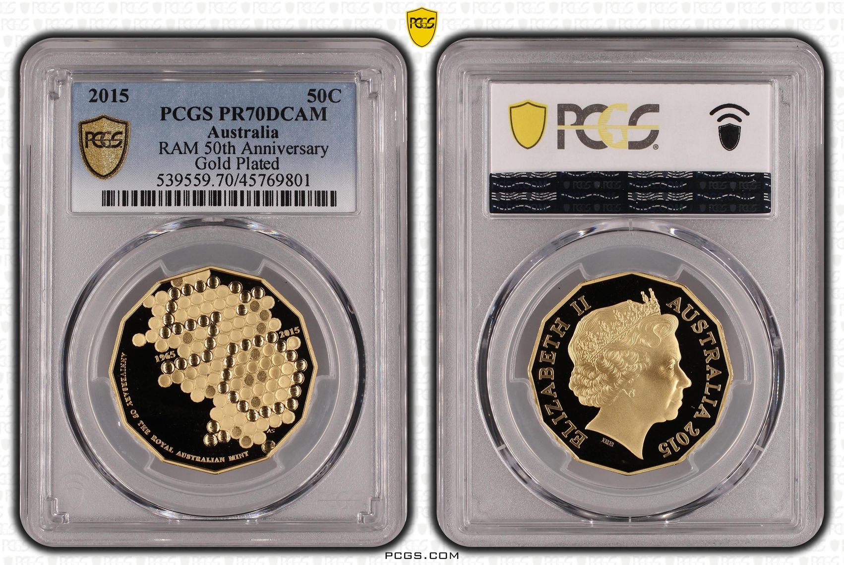 Elizabeth II, RAM 50th Anniversary Gold Plated, Fifty Cent, 2015, PCGS PR 70DCAM