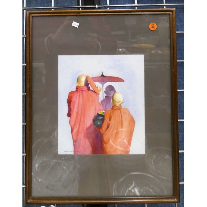 Signed Buddhist Monks Watercolor Framed- 19x15''