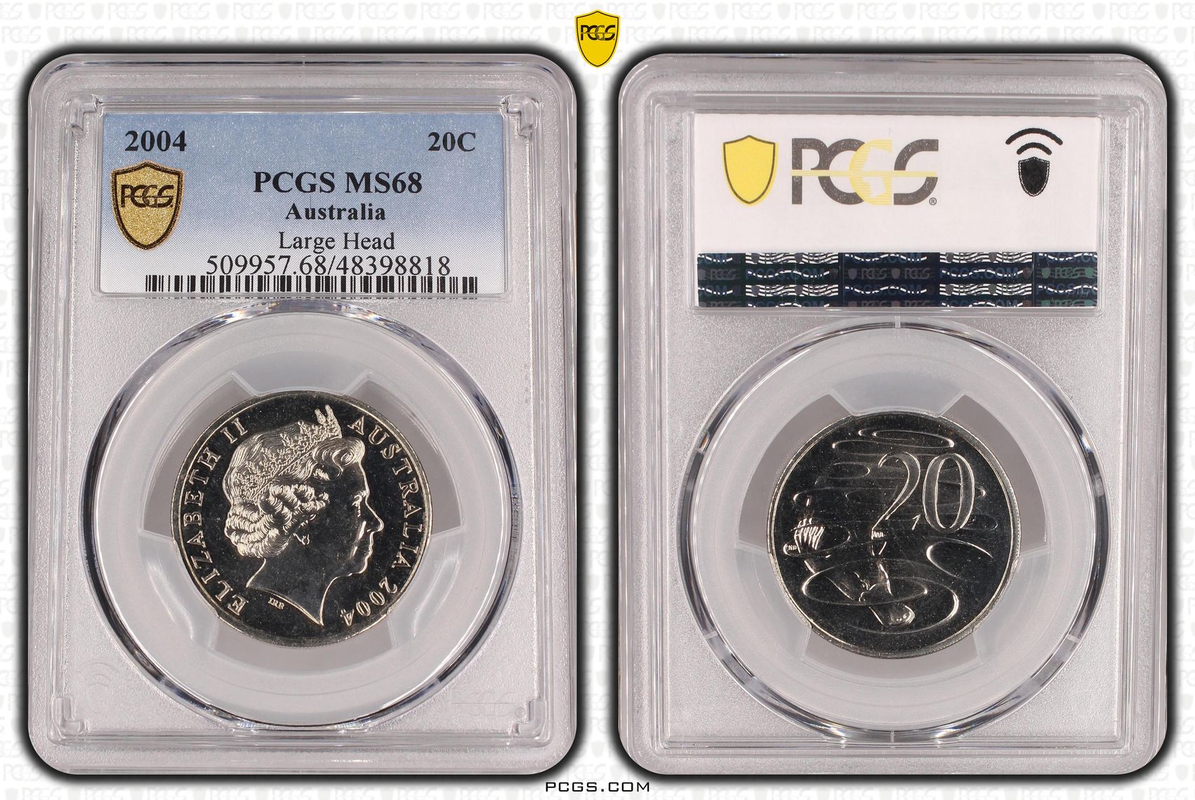 Elizabeth II, Large Head, Twenty Cent, 2004, PCGS MS68