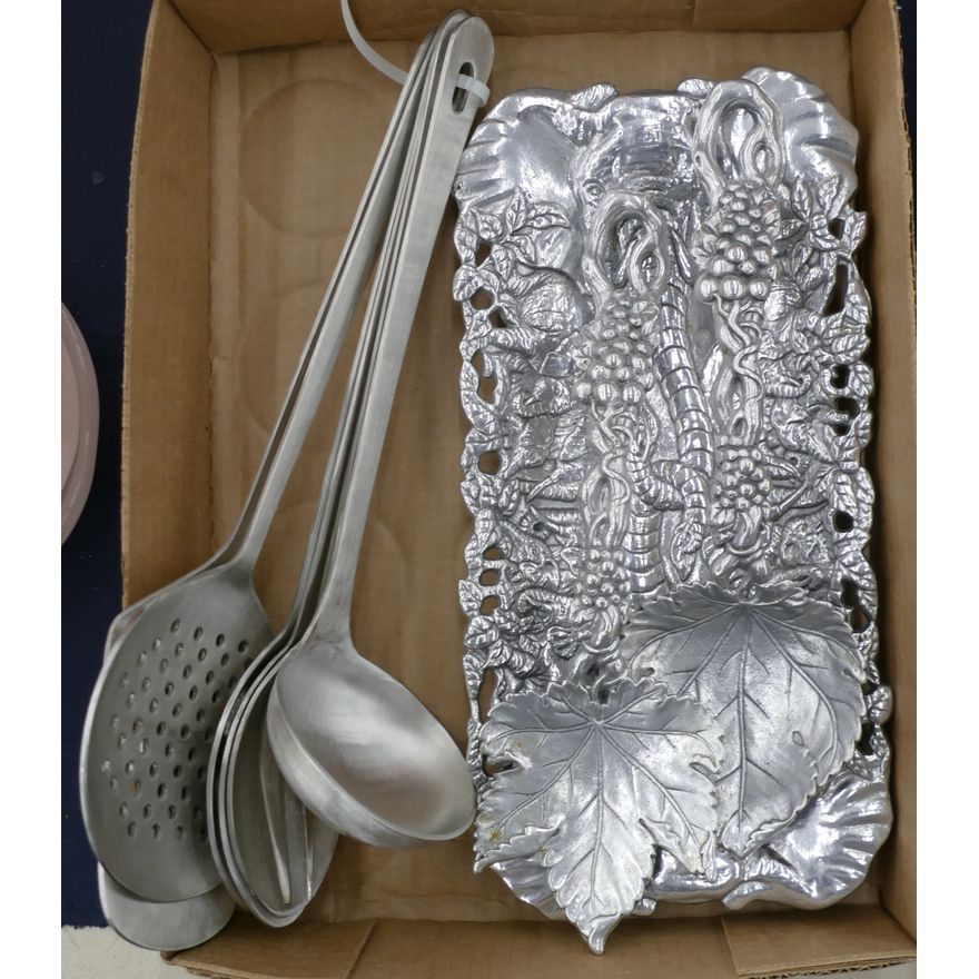 Box Decorated Pewter Serving Utensils etc.