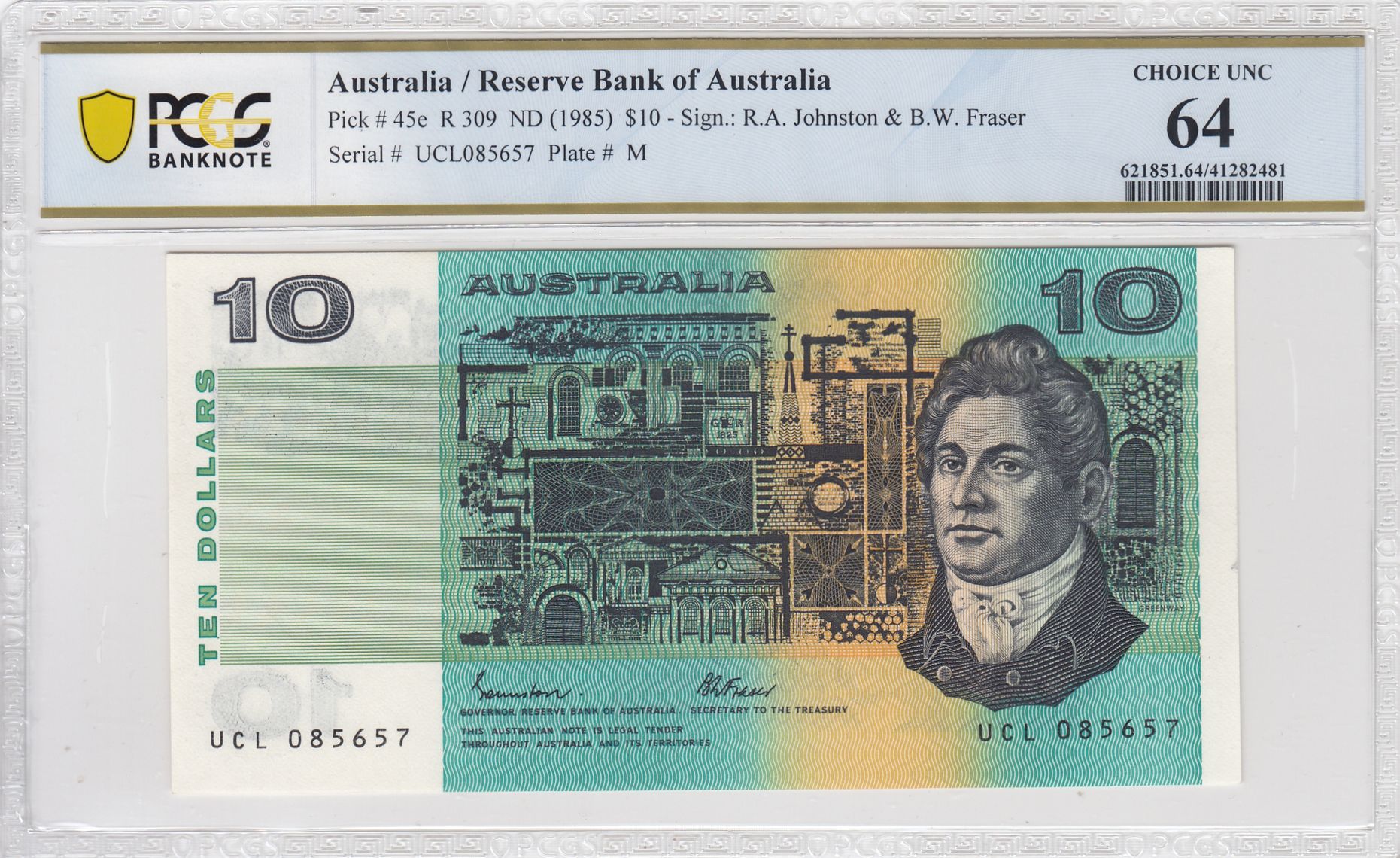Johnston/Fraser, Ten Dollar, 1985, PCGS Choice UNC 64
