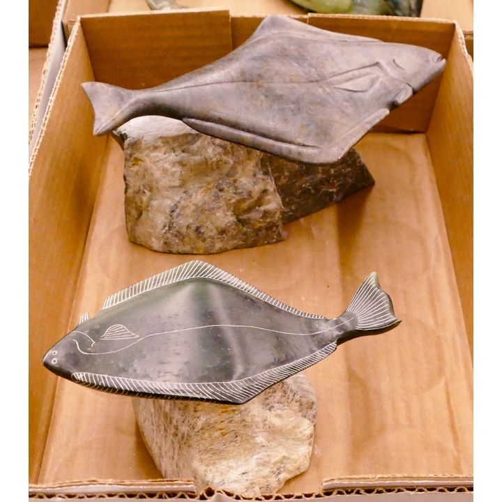 Box 2pc Glenn Tingook Soapstone Halibut Figures- largest 7''