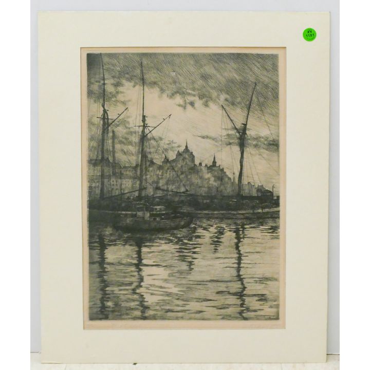 Artur Bengtsson ''Hamnmotiv Stockholm'' Etching Matted 20''x16''