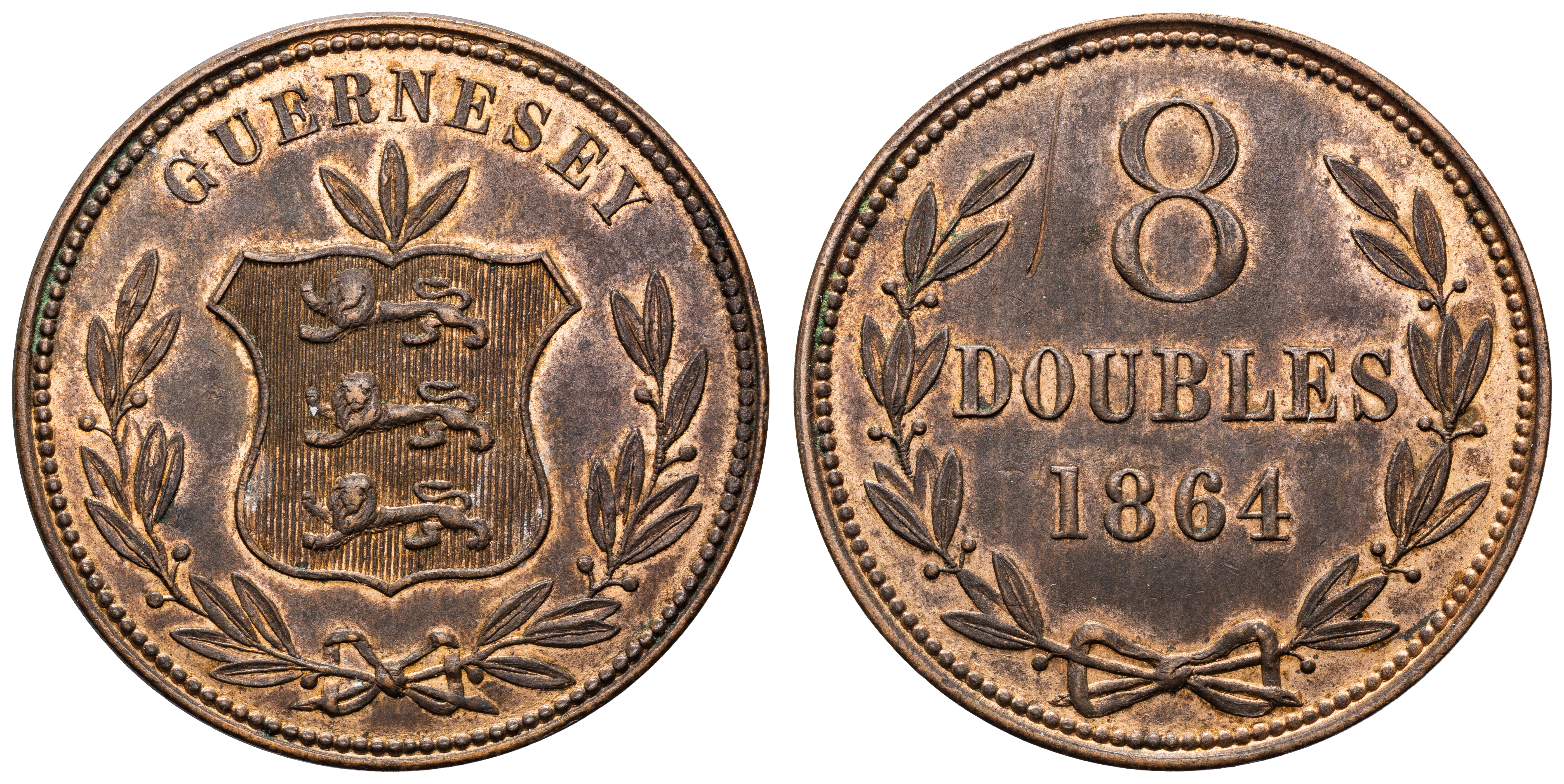 Guernsey, Eight Doubles, 1864, gVF