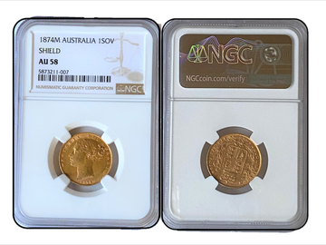 1874 VICTORIA MELBOURNE MINT SHIELD SOVEREIGN AU58 (007)