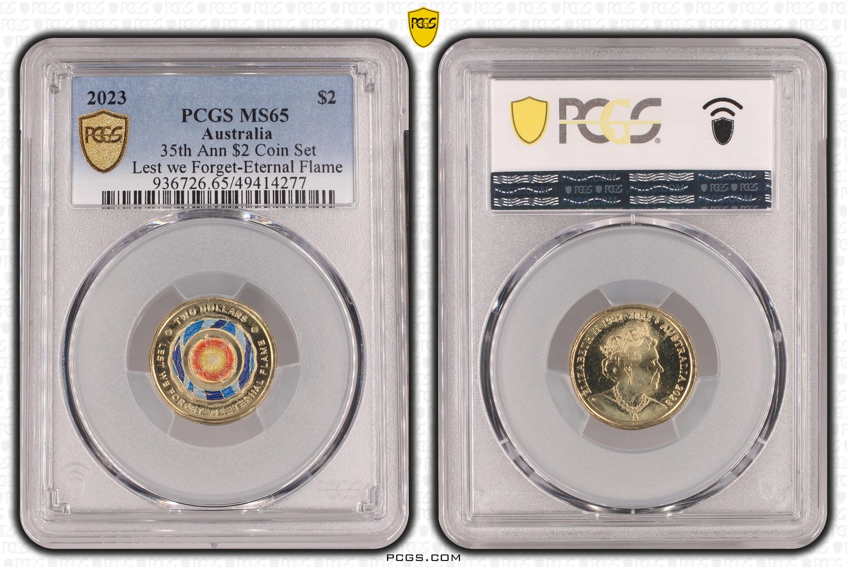 Elizabeth II, 35th Ann $2 Coin Set Lest we Forget Lest we Forget-Eternal F , Two Dollar, 2023, PCGS MS65