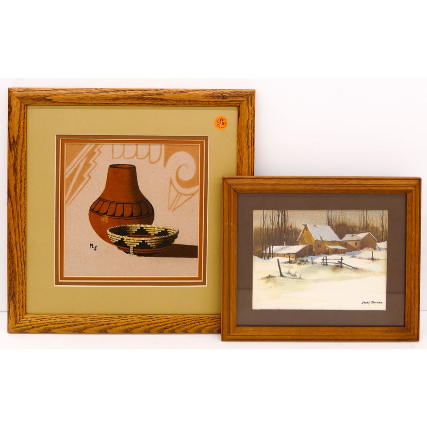 2pc Navajo Sand Painting and Becker Print Framed 14''x14'' Largest