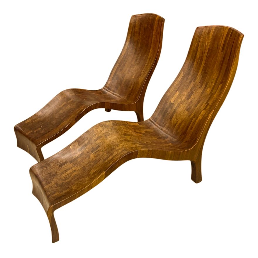 Marc Van Rampelberg Pair of Iroko Wood Lounge Chairs