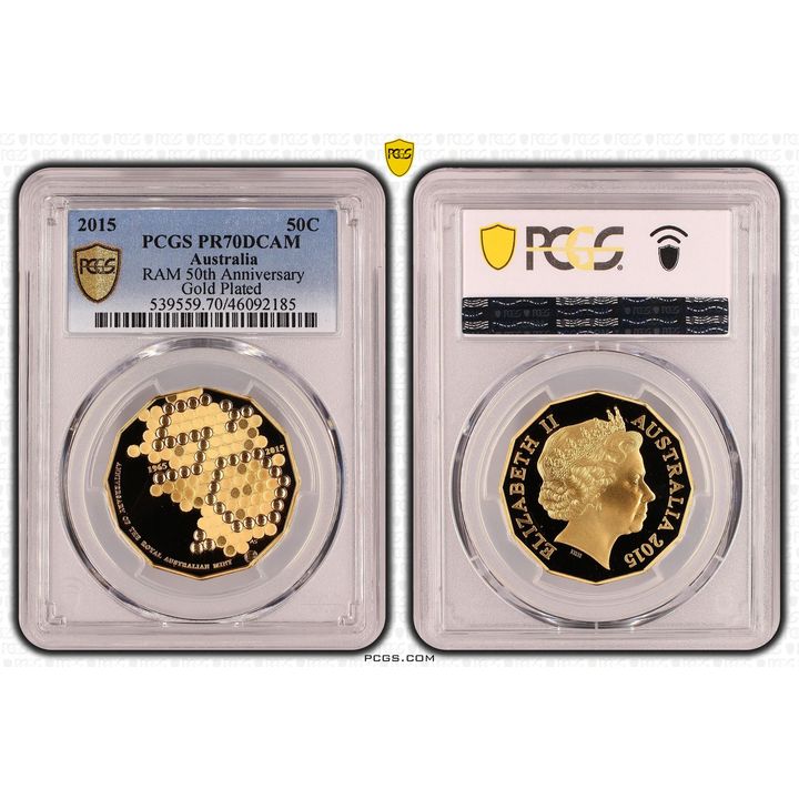 2015 Australia Fifty Cent, 50c RAM 50th Anniversary Gold Plated PCGS - PR70DCAM POP 67/0 -185
