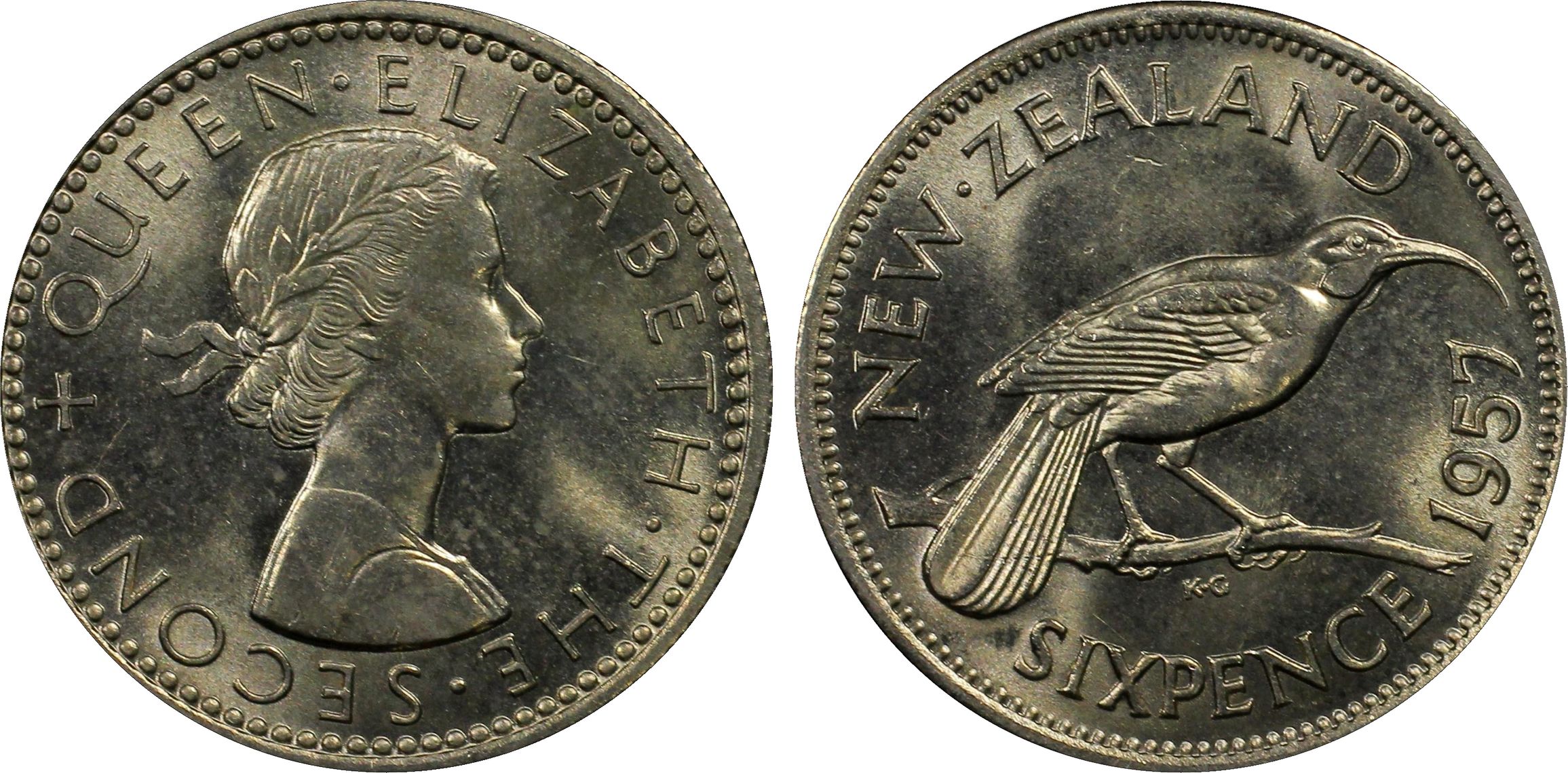 53 · New Zealand, Strap, Sixpence, 1957, PCGS - MS65